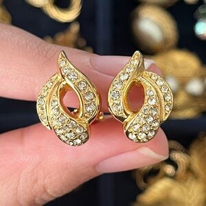 Vintage Christian Dior Pedal Bud Flower Rhinestone Hollow Mini Gold Earrings